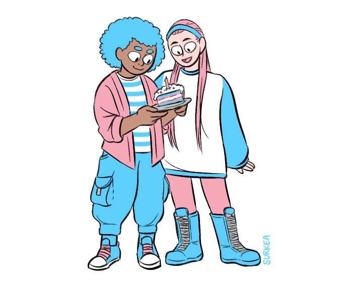 Two people wearing trans flag colors. One of them is holding a piece of birthday cake.